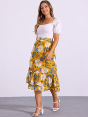 Chiffon Printed Elastic Waist Ruffle Tiered Flowy Midi Skirt