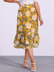 Chiffon Printed Elastic Waist Ruffle Tiered Flowy Midi Skirt