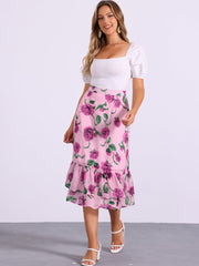 Chiffon Printed Elastic Waist Ruffle Tiered Flowy Midi Skirt