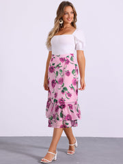 Chiffon Printed Elastic Waist Ruffle Tiered Flowy Midi Skirt