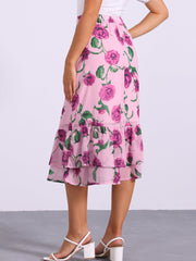Chiffon Printed Elastic Waist Ruffle Tiered Flowy Midi Skirt