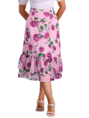 Chiffon Printed Elastic Waist Ruffle Tiered Flowy Midi Skirt