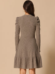 Stretchy Puff Long Sleeve Ruffle Hem Knit Midi Sweater Dress
