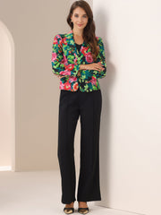 Open Front Floral Work Business Crop Blazer Jacket