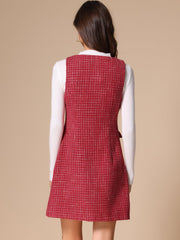 Tweed Sleeveless Button Up Pockets A-Line Pinafore Overall Dress