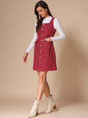 Tweed Sleeveless Button Up Pockets A-Line Pinafore Overall Dress