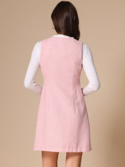 Tweed Sleeveless Button Up Pockets A-Line Pinafore Overall Dress