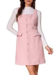 Tweed Sleeveless Button Up Pockets A-Line Pinafore Overall Dress