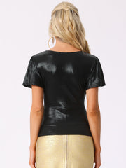 V Neck Ruffle Short Sleeve Shiny Metallic Blouse