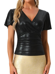 V Neck Ruffle Short Sleeve Shiny Metallic Blouse