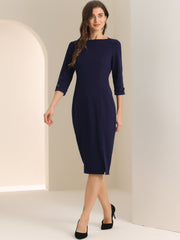 Work Boat Neck 3/4 Sleeves Midi Split Sheath Dress