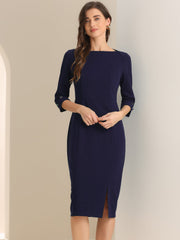 Work Boat Neck 3/4 Sleeves Midi Split Sheath Dress