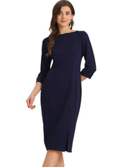 Work Boat Neck 3/4 Sleeves Midi Split Sheath Dress