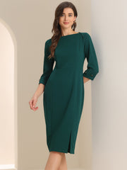 Work Boat Neck 3/4 Sleeves Midi Split Sheath Dress