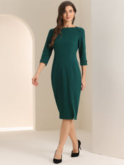 Work Boat Neck 3/4 Sleeves Midi Split Sheath Dress