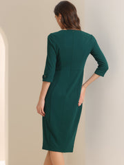 Work Boat Neck 3/4 Sleeves Midi Split Sheath Dress