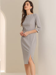 Work Boat Neck 3/4 Sleeves Midi Split Sheath Dress