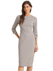 Work Boat Neck 3/4 Sleeves Midi Split Sheath Dress