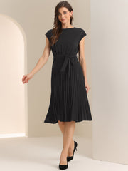 Crew Neck Sleeveless Tie Waist A-Line Pleated Dress