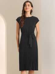 Crew Neck Sleeveless Tie Waist A-Line Pleated Dress