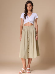 A-Line Elastic Waist Button Front Pocketed Midi Skirt