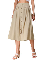 A-Line Elastic Waist Button Front Pocketed Midi Skirt