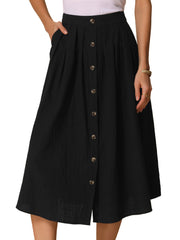 A-Line Elastic Waist Button Front Pocketed Midi Skirt