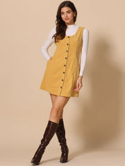 Corduroy Overall Scoop Neck Sleeveless Button Pinefore Dress