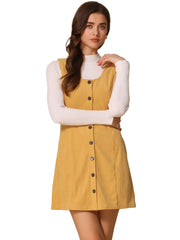 Corduroy Overall Scoop Neck Sleeveless Button Pinefore Dress