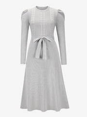 Puff Long Sleeves Knitted Lace-Up Midi Sweater Dress