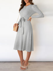 Puff Long Sleeves Knitted Lace-Up Midi Sweater Dress