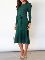 Puff Long Sleeves Knitted Lace-Up Midi Sweater Dress