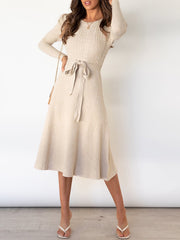 Puff Long Sleeves Knitted Lace-Up Midi Sweater Dress