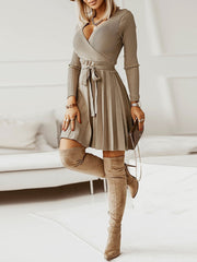 V Neck Pleated Knitted Long Sleeves Mini Sweater Dress
