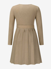 V Neck Pleated Knitted Long Sleeves Mini Sweater Dress