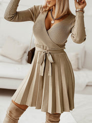 V Neck Pleated Knitted Long Sleeves Mini Sweater Dress