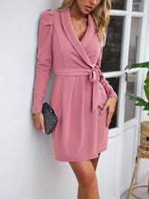 Tailored Collar & Elastic Lace-Up Waist Solid Color Shawl Collar Long Sleeves Office Chic Mini Dress