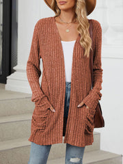 Cozy Knit Solid Color Pocket Long Sleeve Mid Length Casual Cardigan