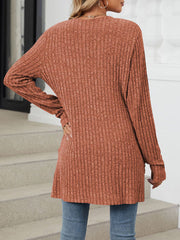 Cozy Knit Solid Color Pocket Long Sleeve Mid Length Casual Cardigan
