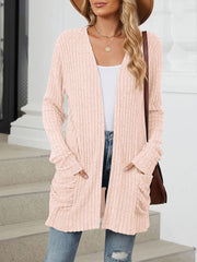 Cozy Knit Solid Color Pocket Long Sleeve Mid Length Casual Cardigan