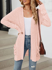 Cozy Knit Solid Color Pocket Long Sleeve Mid Length Casual Cardigan