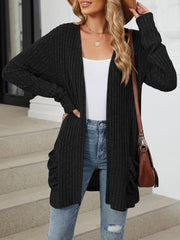 Cozy Knit Solid Color Pocket Long Sleeve Mid Length Casual Cardigan