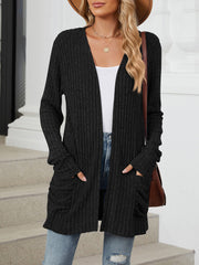 Cozy Knit Solid Color Pocket Long Sleeve Mid Length Casual Cardigan