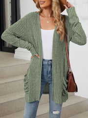 Cozy Knit Solid Color Pocket Long Sleeve Mid Length Casual Cardigan