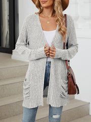 Cozy Knit Solid Color Pocket Long Sleeve Mid Length Casual Cardigan