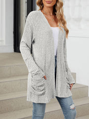 Cozy Knit Solid Color Pocket Long Sleeve Mid Length Casual Cardigan