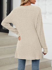 Cozy Knit Solid Color Pocket Long Sleeve Mid Length Casual Cardigan