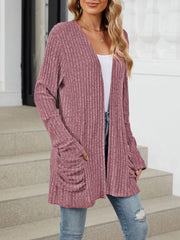 Cozy Knit Solid Color Pocket Long Sleeve Mid Length Casual Cardigan