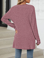 Cozy Knit Solid Color Pocket Long Sleeve Mid Length Casual Cardigan
