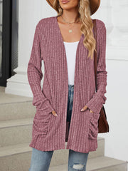 Cozy Knit Solid Color Pocket Long Sleeve Mid Length Casual Cardigan